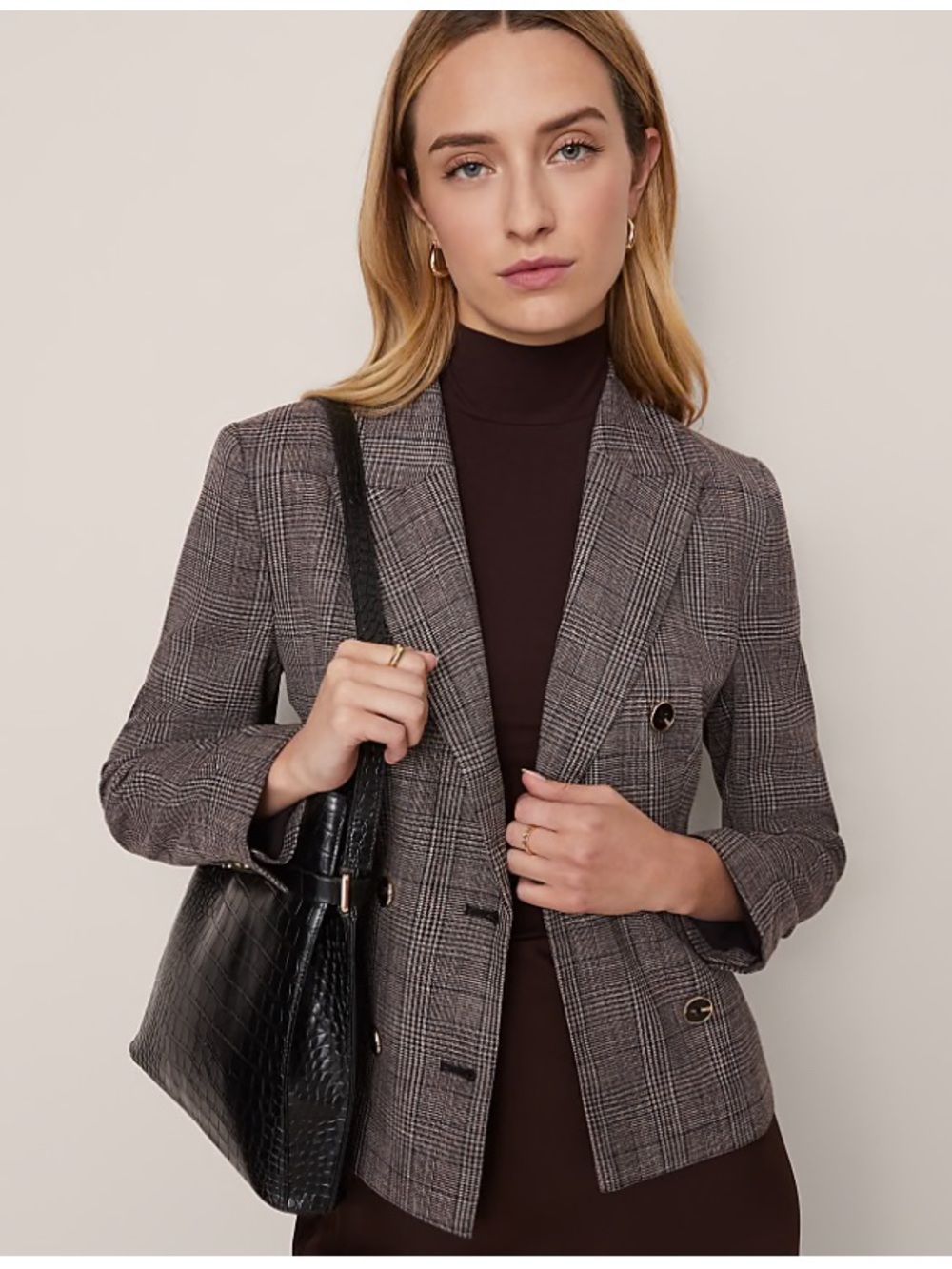 Ann Taylor The Fitted Double-Breasted Brown Plaid Blazer Jacket Women’s 6 NWT